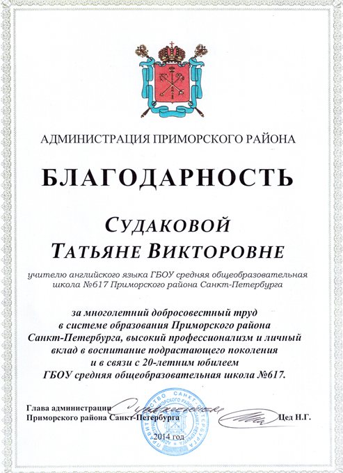 2013-2014 Судакова Т.В. (20 лет школе)